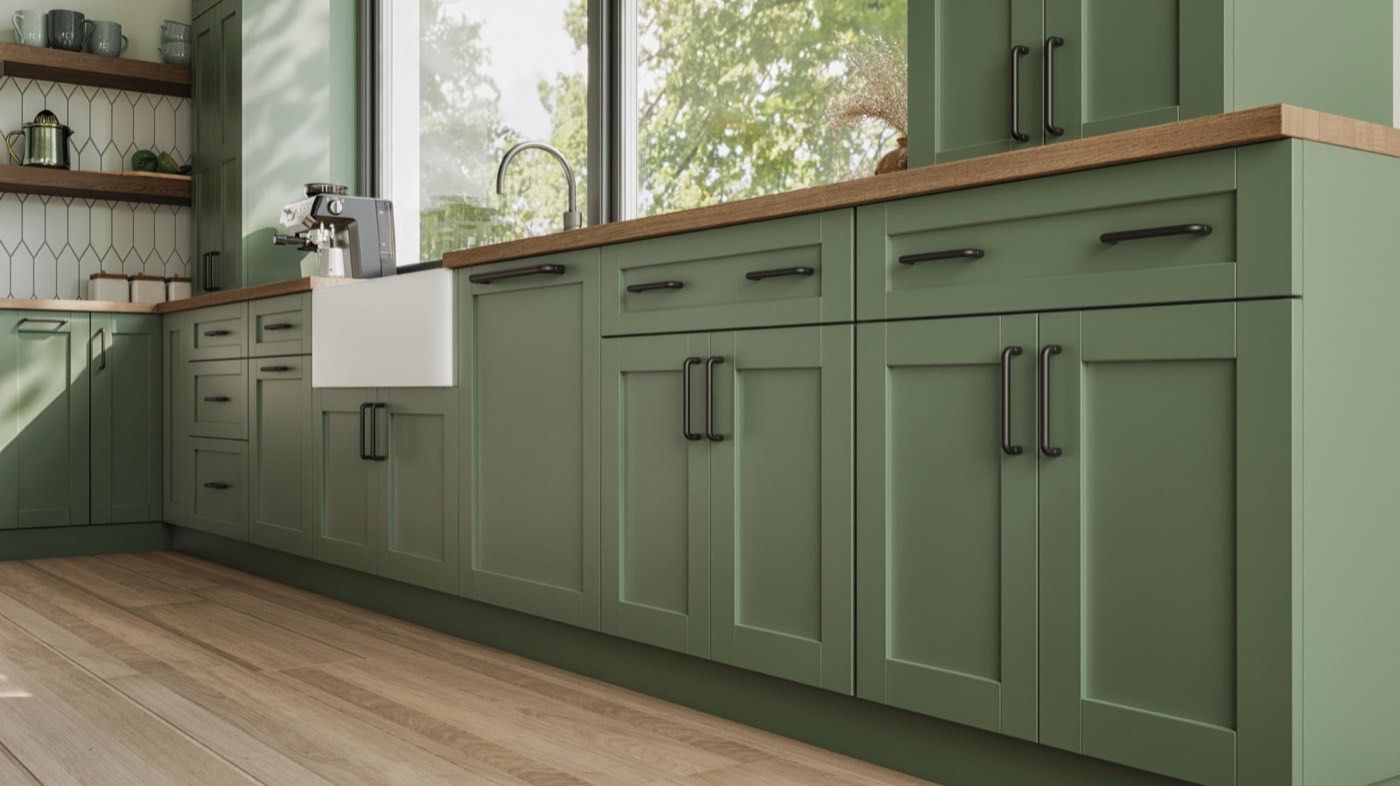 Atlas Homewares Amplify Collection, sage-green kitchen, available at Shoreline Cabinet Company in Wilmington, NC