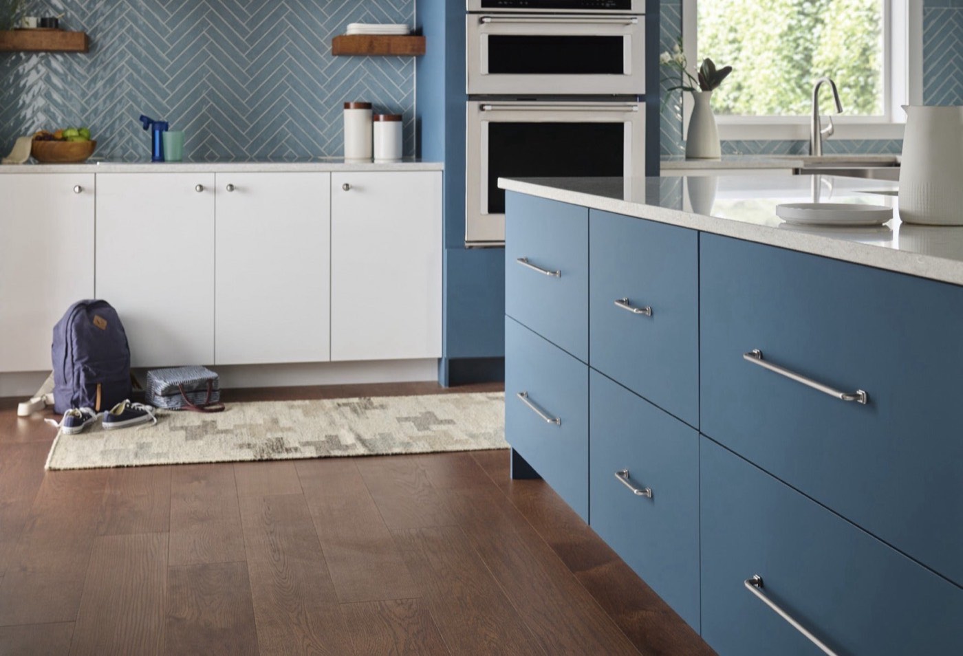 Atlas Homewares Kimberton Collection, blue island kitchen, available at Shoreline Cabinet Company in Wilmington, NC
