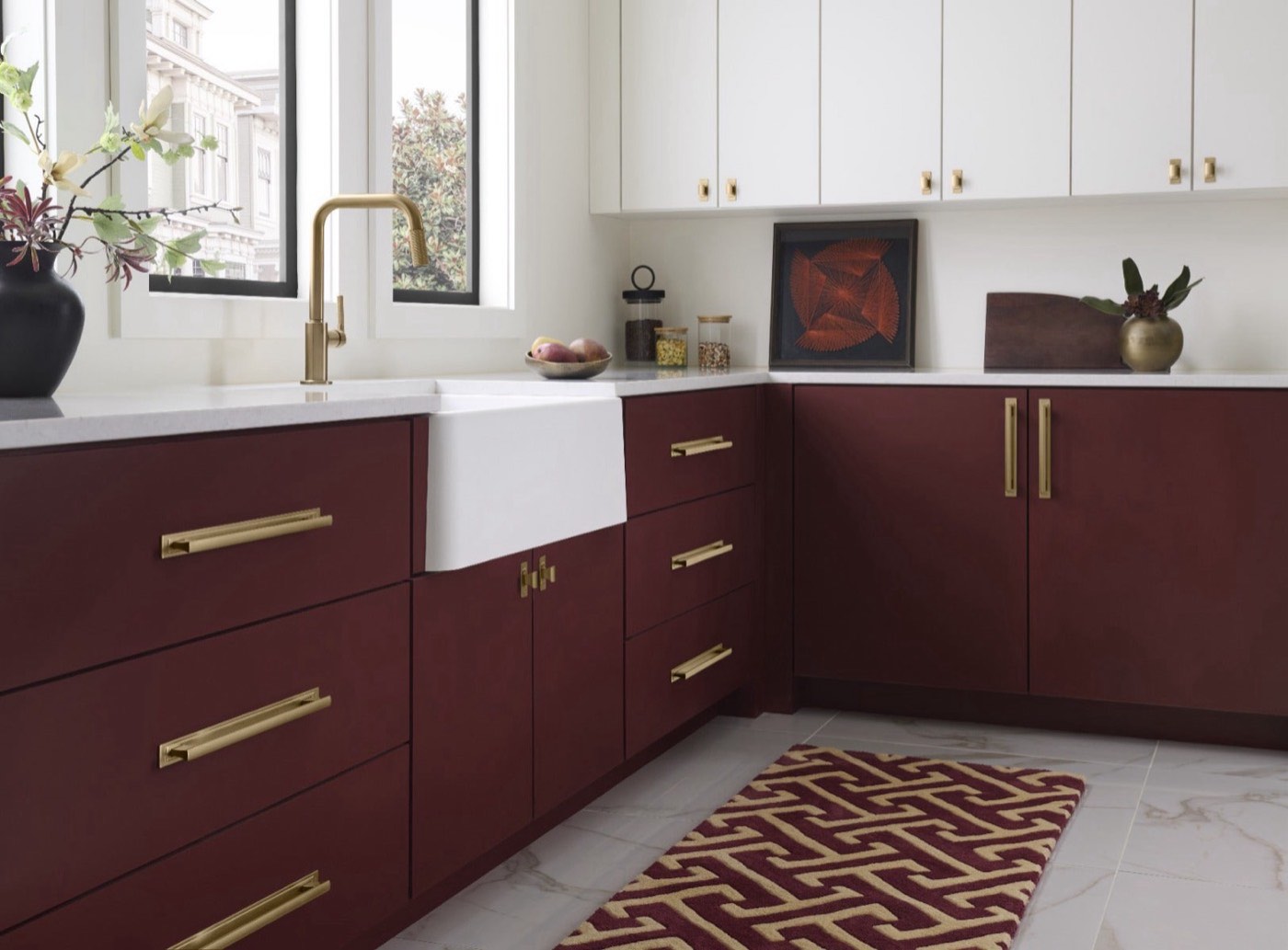 Atlas Homewares Zander Collection, burgundy kitchen, available at Shoreline Cabinet Company in Wilmington, NC