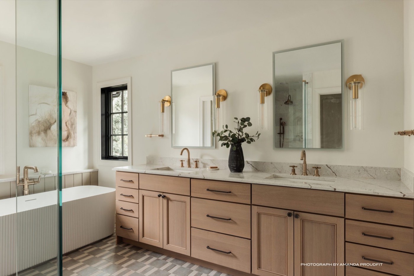 Covered Bridge Cabinetry Primary bath double vanity (Jefferson, Willow walnut), available at Shoreline Cabinet Company in Wilmington, NC