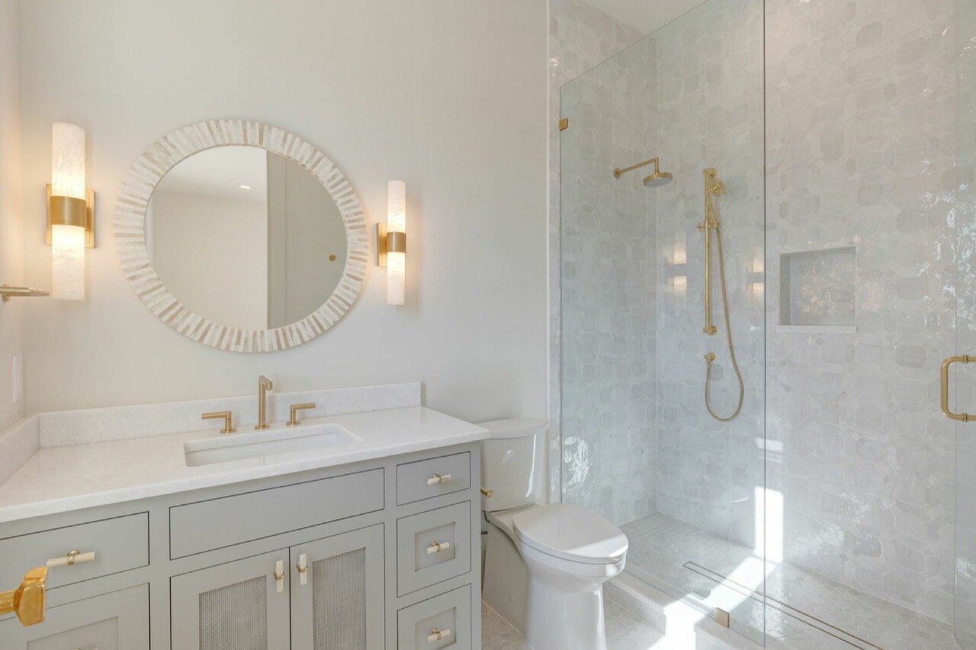 Covered Bridge Cabinetry Primary bath vanity (Royce inset), available at Shoreline Cabinet Company in Wilmington, NC