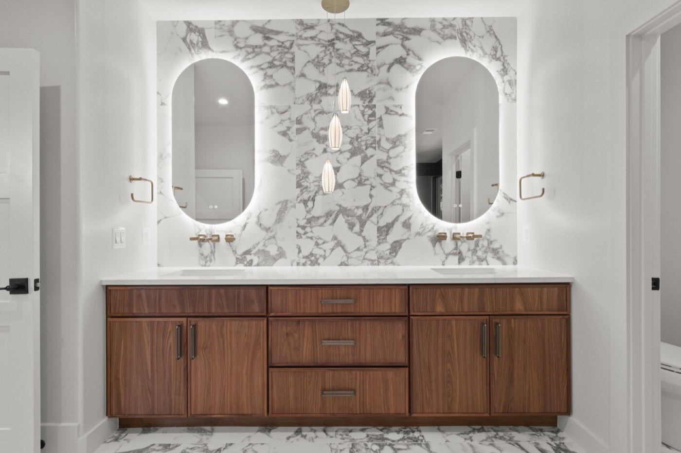 Covered Bridge Cabinetry Primary bath vanity (Hudson, Cashmere), available at Shoreline Cabinet Company in Wilmington, NC