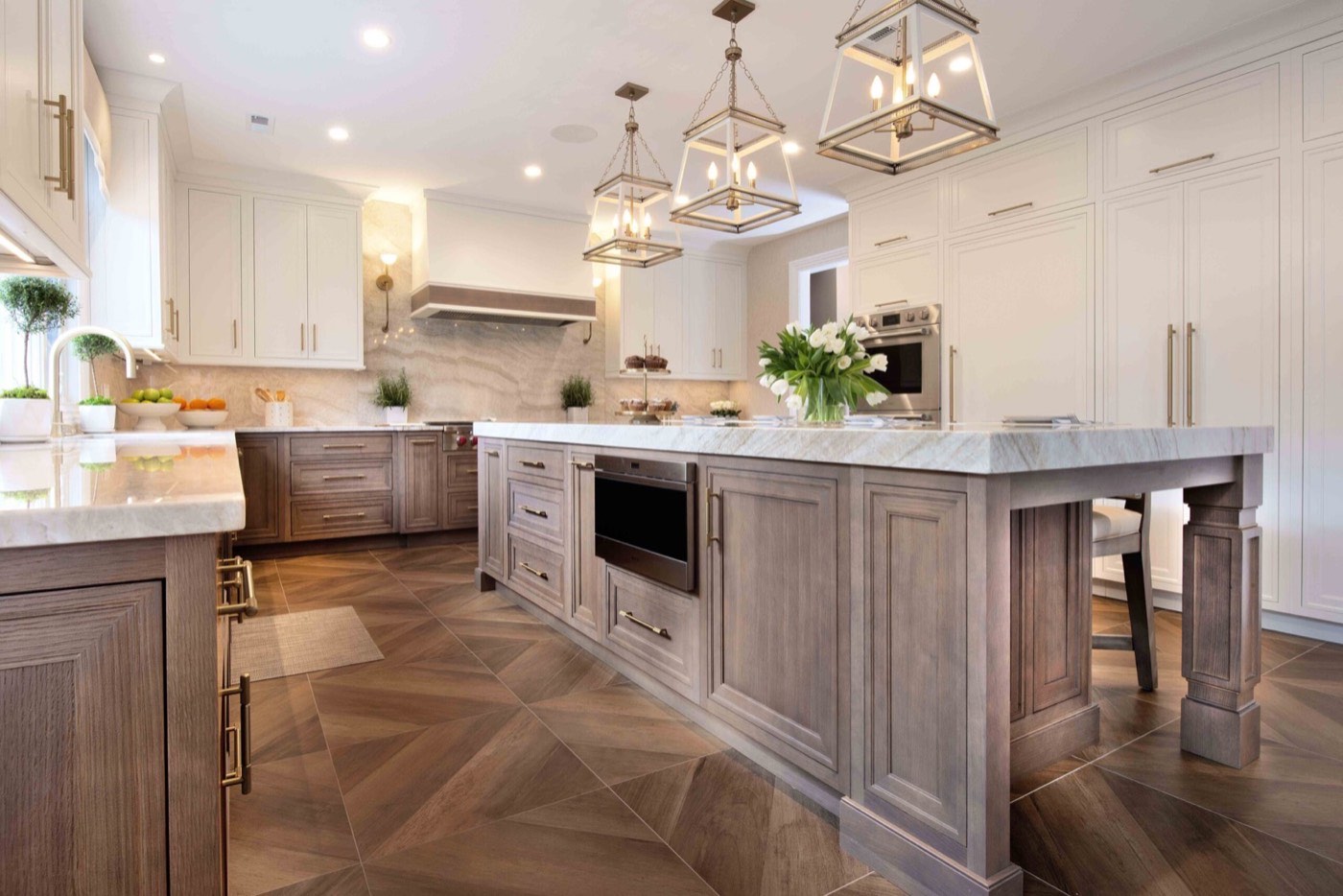 Covered Bridge Cabinetry Custom kitchen in White Dove and Hazelnut, available at Shoreline Cabinet Company in Wilmington, NC