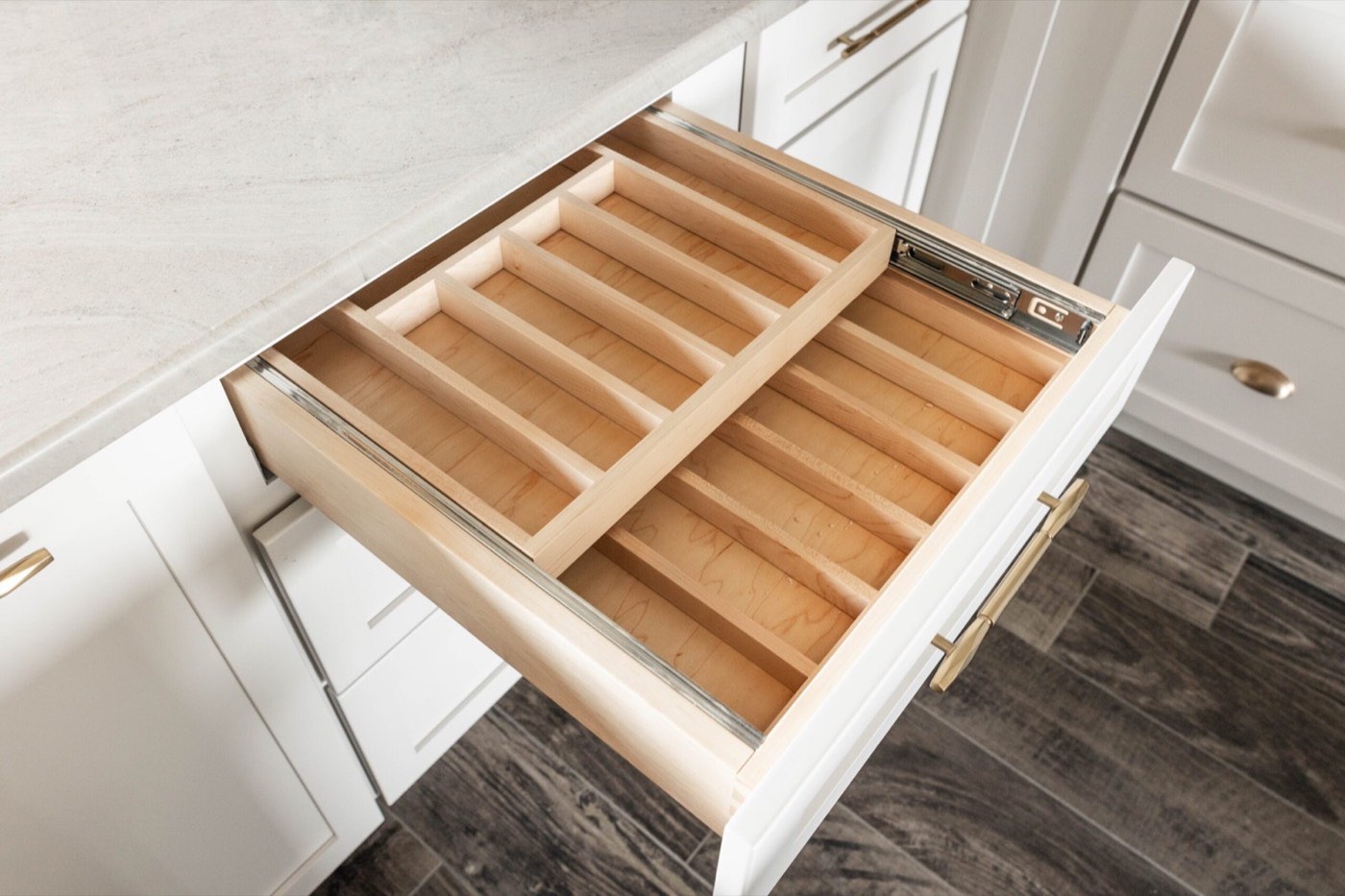 Covered Bridge Cabinetry Cutlery / utensil drawer organizer, available at Shoreline Cabinet Company in Wilmington, NC