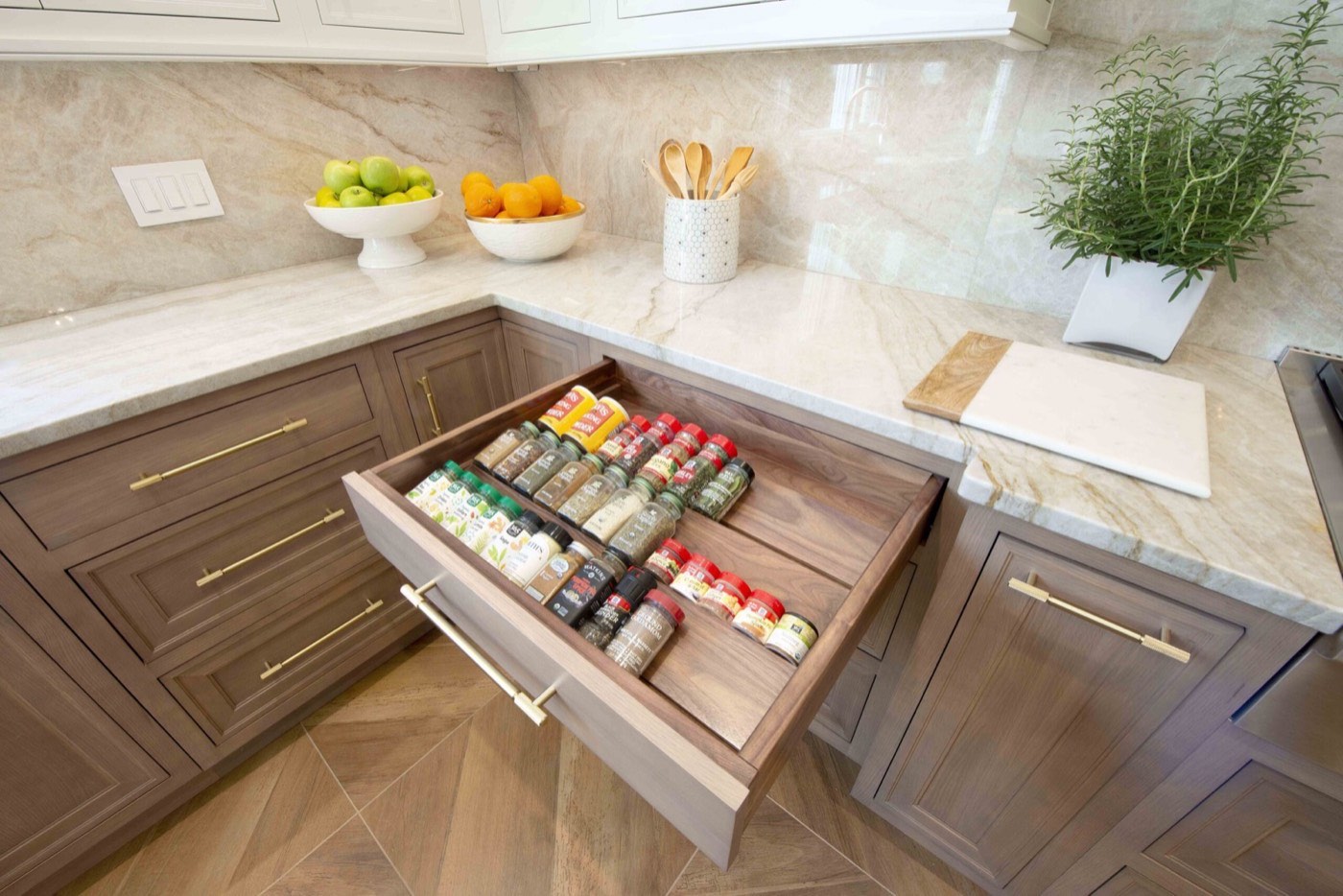 Covered Bridge Cabinetry Spice drawer insert, available at Shoreline Cabinet Company in Wilmington, NC