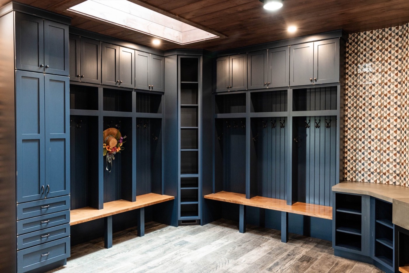 Covered Bridge Cabinetry Mudroom lockers (Farmington, Deep Sea), available at Shoreline Cabinet Company in Wilmington, NC