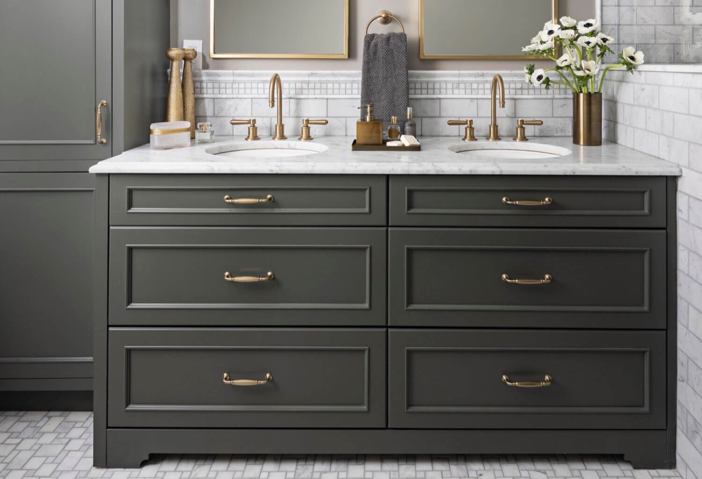 Dura Supreme Cabinetry Deep green bathroom vanity, available at Shoreline Cabinet Company in Wilmington, NC
