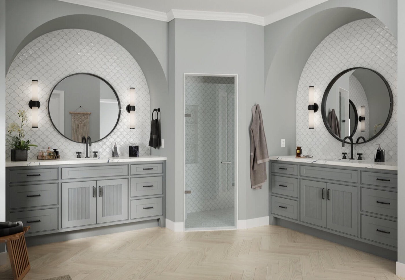Dura Supreme Cabinetry Gray primary bathroom with reeded doors, available at Shoreline Cabinet Company in Wilmington, NC