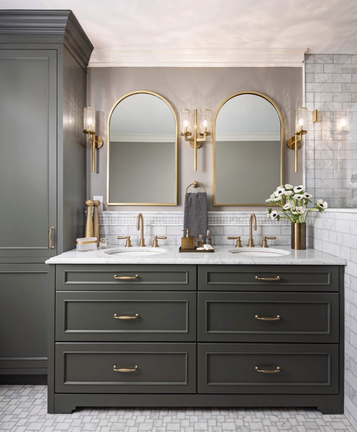 Dura Supreme Cabinetry Green vanity with brass hardware, available at Shoreline Cabinet Company in Wilmington, NC