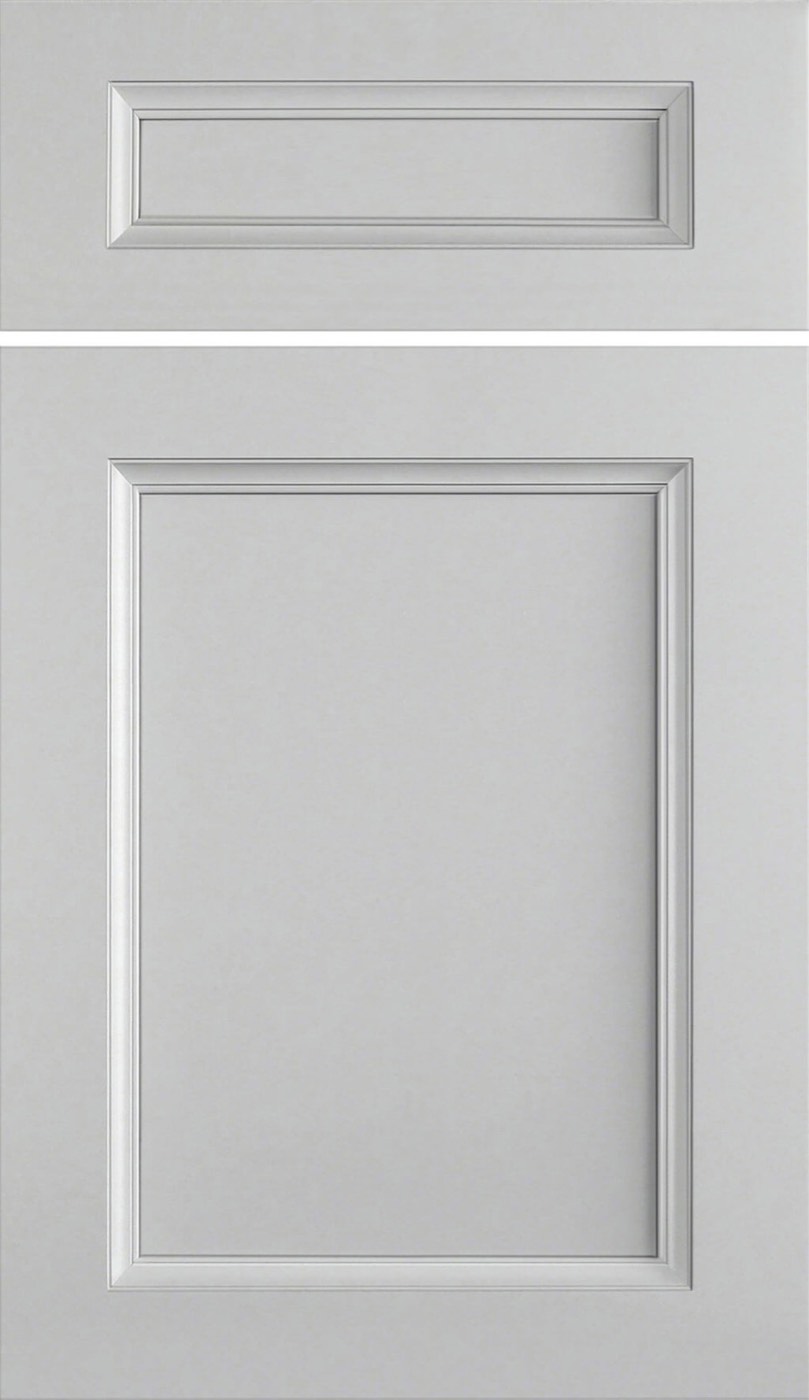 Dura Supreme Cabinetry Covington door, Silver Mist paint, available at Shoreline Cabinet Company in Wilmington, NC