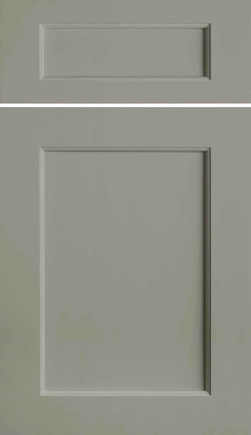 Dura Supreme Cabinetry Highland door, Evergreen Fog SW9130 paint, available at Shoreline Cabinet Company in Wilmington, NC