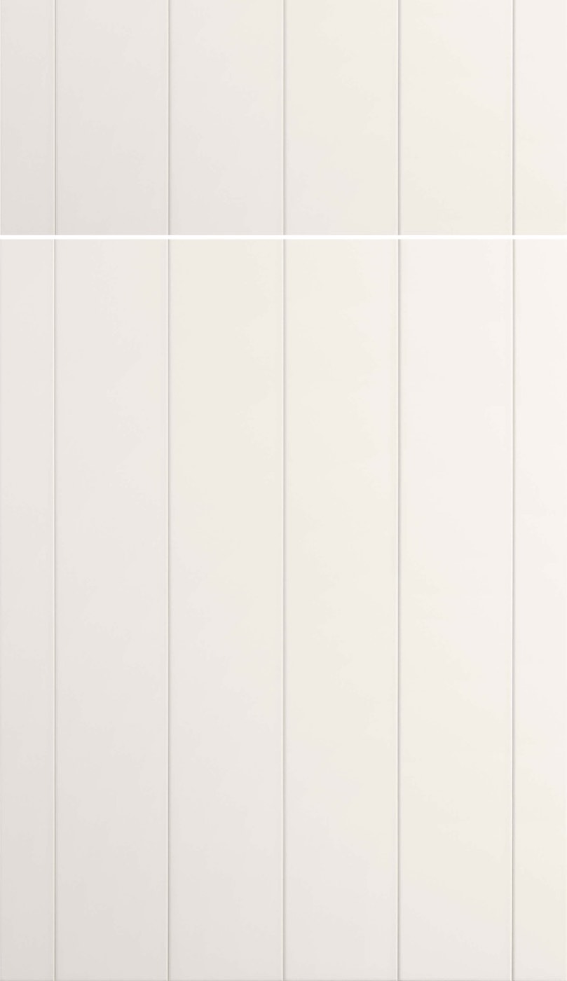 Dura Supreme Cabinetry Linea door, Linen White paint, available at Shoreline Cabinet Company in Wilmington, NC