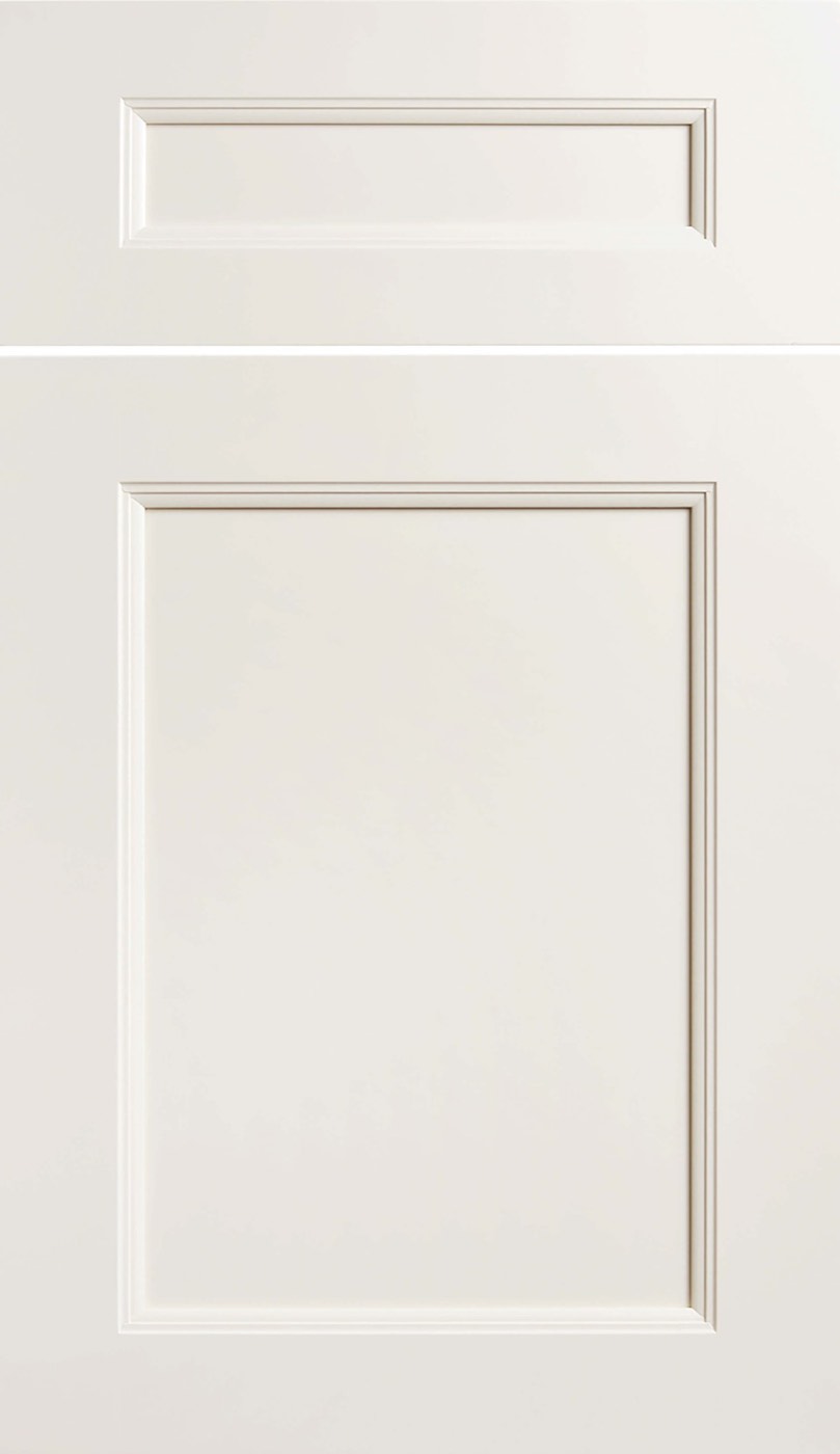 Dura Supreme Cabinetry Meridien door, Linen White paint, available at Shoreline Cabinet Company in Wilmington, NC