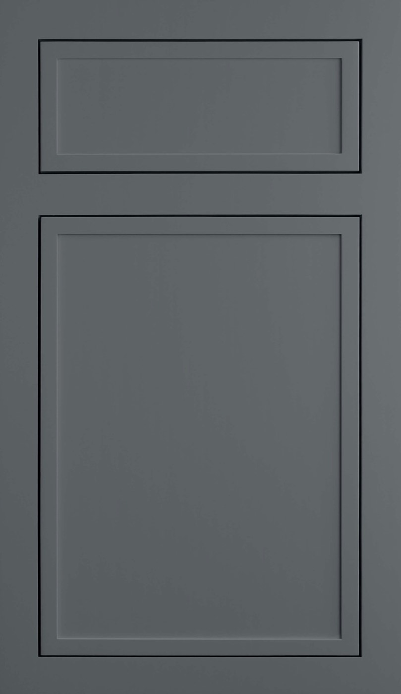 Dura Supreme Cabinetry Reese Inset door, Storm Gray paint, available at Shoreline Cabinet Company in Wilmington, NC