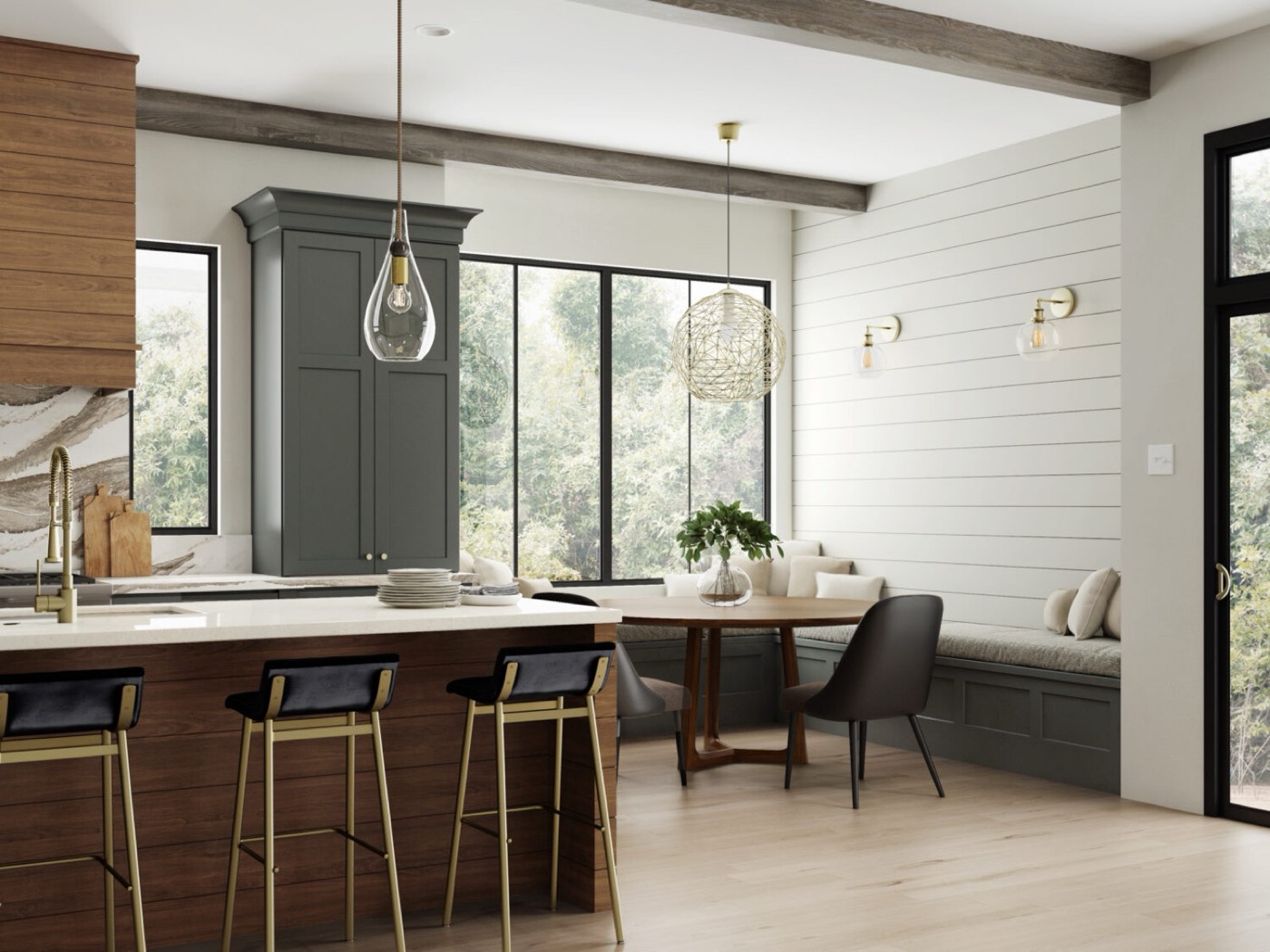 Dura Supreme Cabinetry Green kitchen with a wood range hood, available at Shoreline Cabinet Company in Wilmington, NC