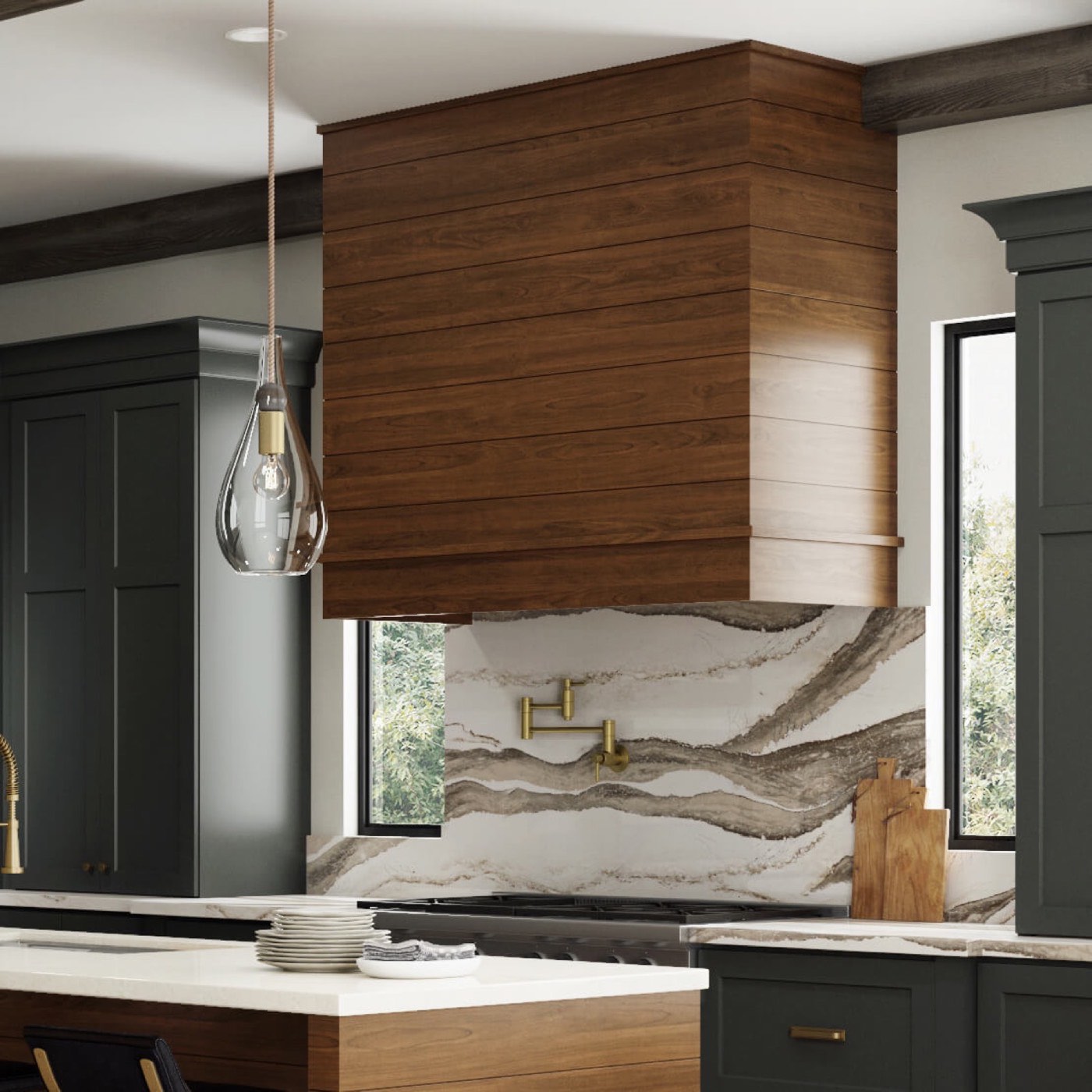 Dura Supreme Cabinetry Modern wood hood (MDHOOD) canopy shape J, shiplap, available at Shoreline Cabinet Company in Wilmington, NC