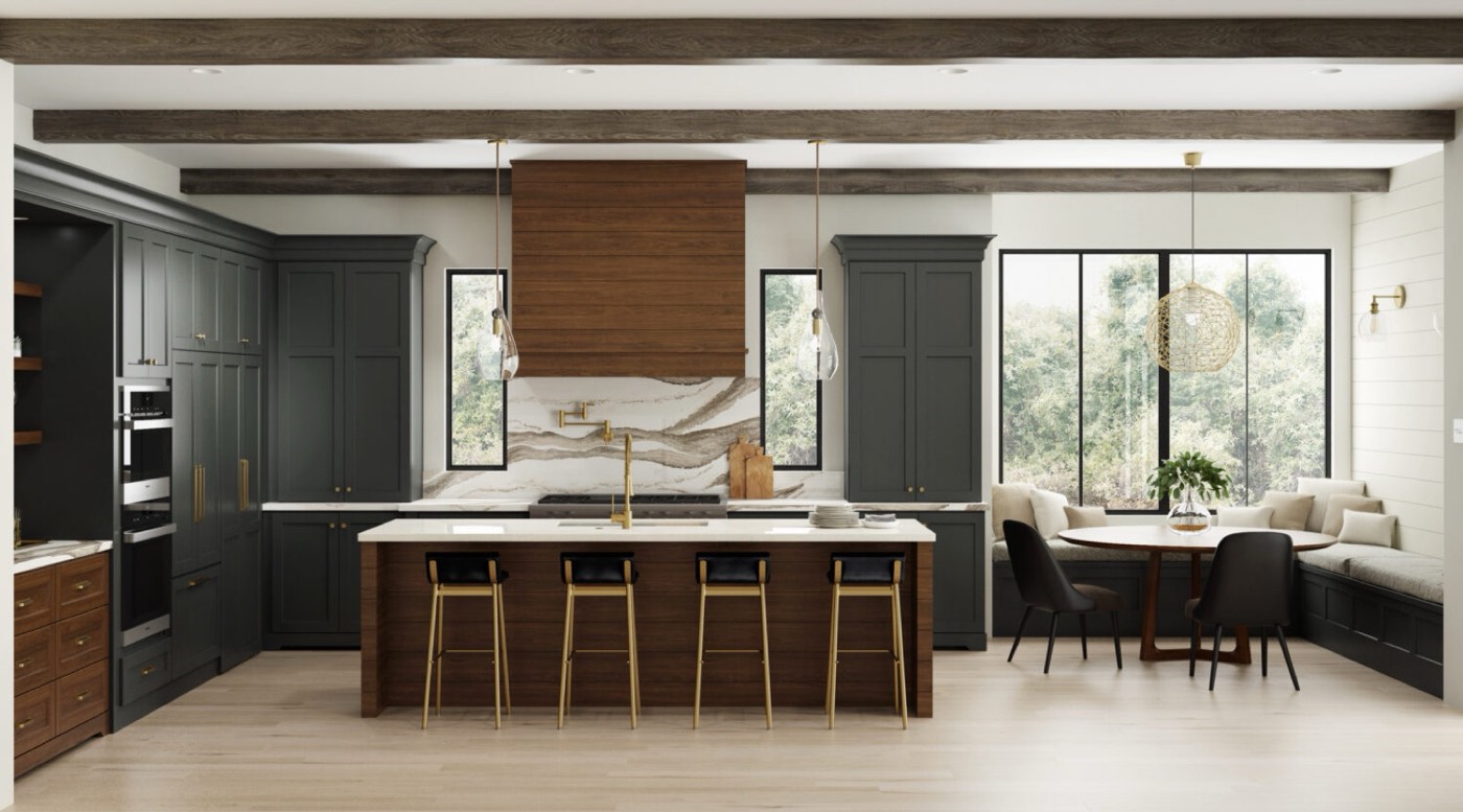 Dura Supreme Cabinetry Green paint paired with warm wood, available at Shoreline Cabinet Company in Wilmington, NC