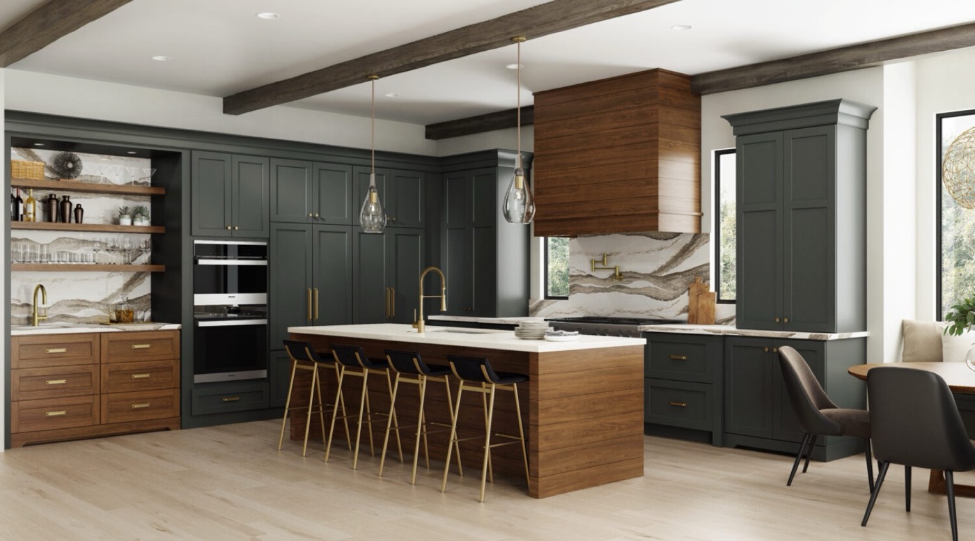 Dura Supreme Cabinetry Green and warm wood modern farmhouse kitchen, available at Shoreline Cabinet Company in Wilmington, NC