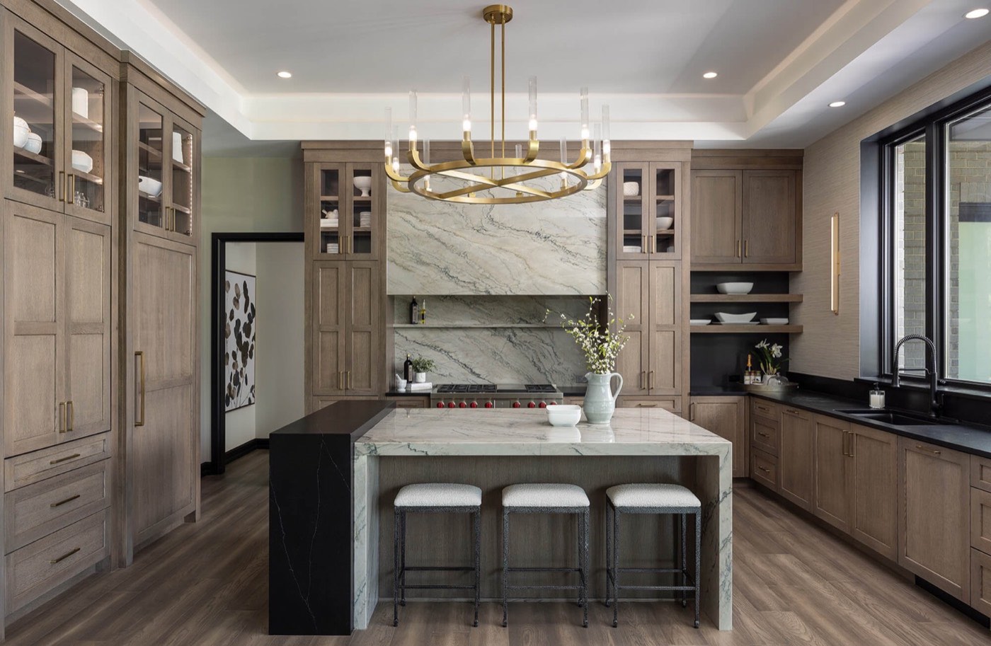 Dura Supreme Cabinetry Modern Prairie kitchen, Bria frameless Carson door, Morel on QSWO + Onyx on Maple, available at Shoreline Cabinet Company in Wilmington, NC