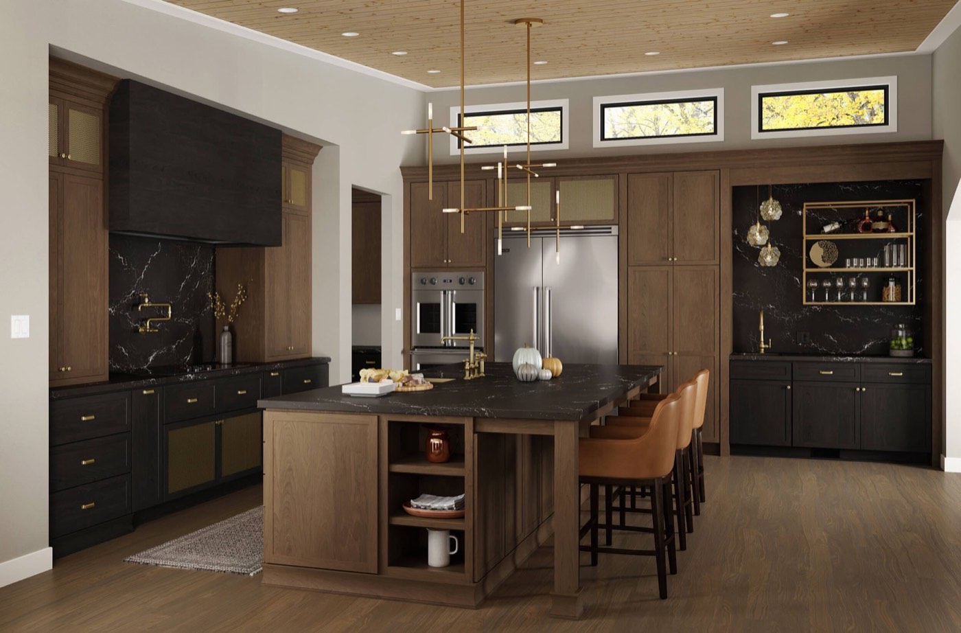 Dura Supreme Cabinetry Moody shallow-shaker kitchen, Paris door, Coriander Cherry and Onyx, wire-mesh inserts, available at Shoreline Cabinet Company in Wilmington, NC