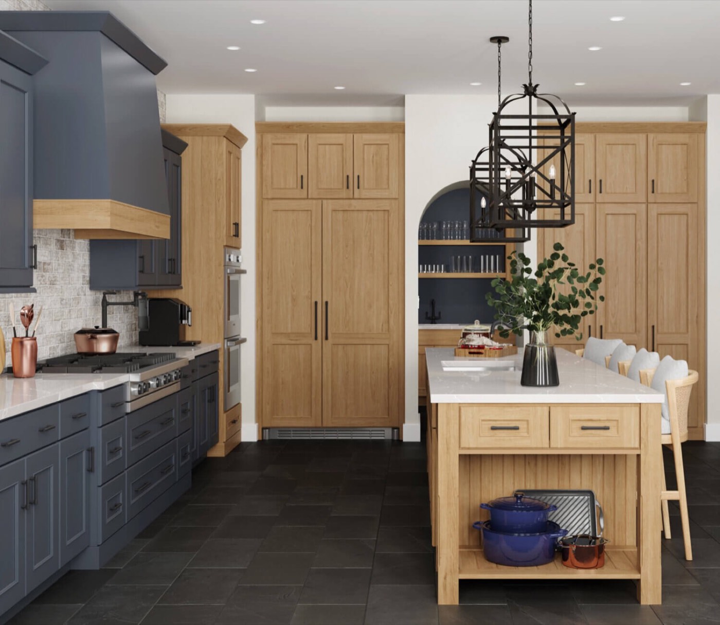 Dura Supreme Cabinetry Old English kitchen in Cyberspace and Coriander, available at Shoreline Cabinet Company in Wilmington, NC