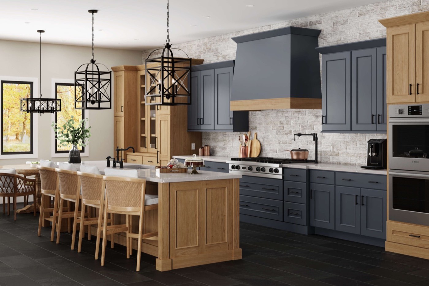 Dura Supreme Cabinetry Old English style kitchen, Middleton door, Cyberspace paint + Coriander, available at Shoreline Cabinet Company in Wilmington, NC