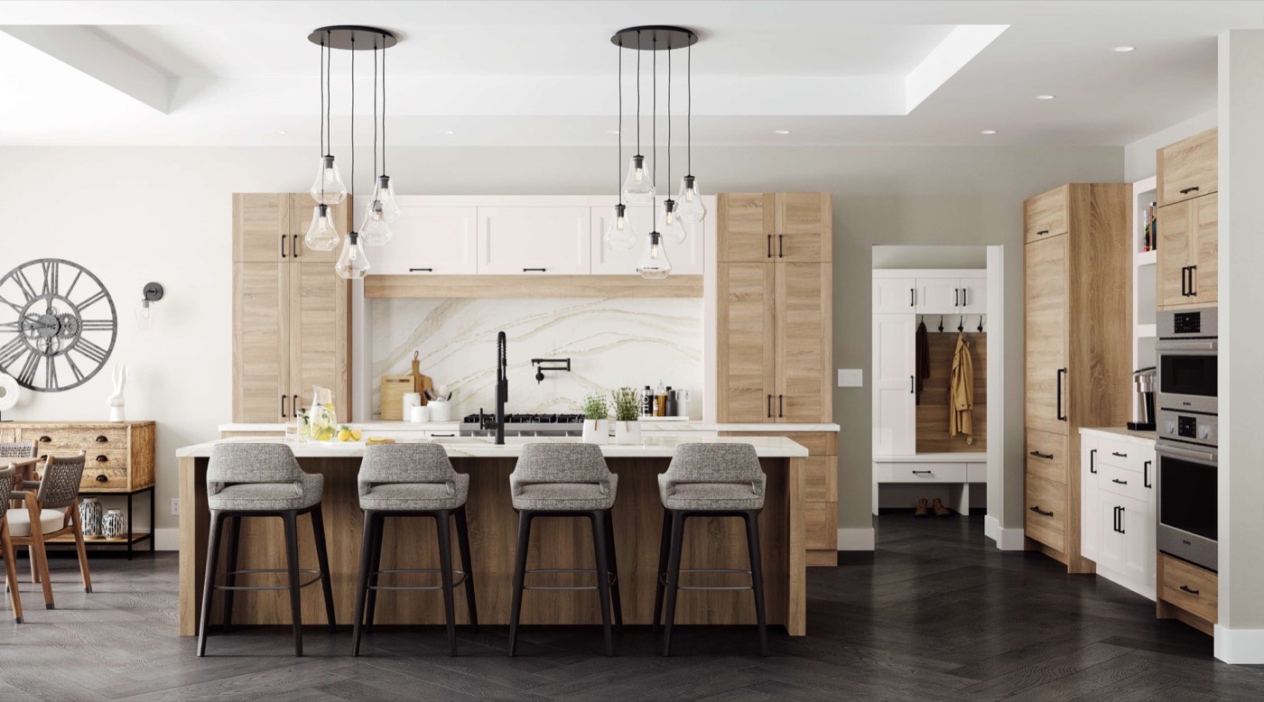 Dura Supreme Cabinetry Scandinavian kitchen, Dash slab door in Lodge Oak textured foil, available at Shoreline Cabinet Company in Wilmington, NC