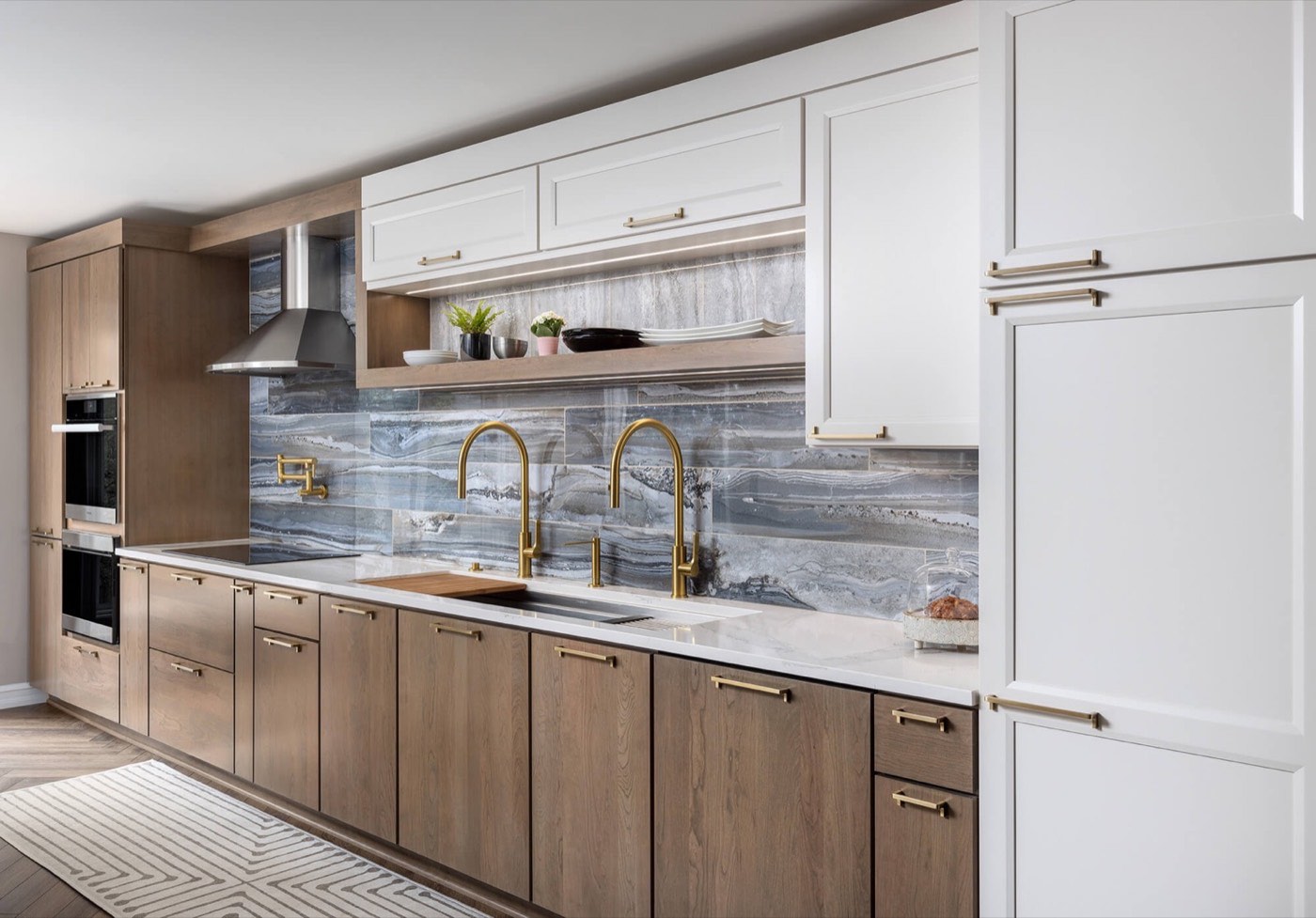 Dura Supreme Cabinetry Two-tone kitchen, Lauren in Pearl paint + Camden in Toast QSWO, available at Shoreline Cabinet Company in Wilmington, NC