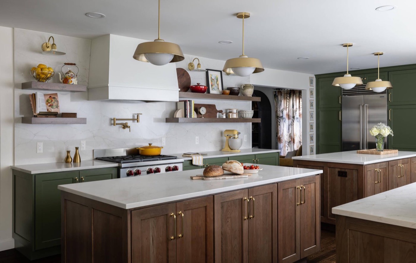 Dura Supreme Cabinetry U-shaped kitchen, Highland Panel in Oakmoss SW6180 / White / Hazelnut Cherry, available at Shoreline Cabinet Company in Wilmington, NC