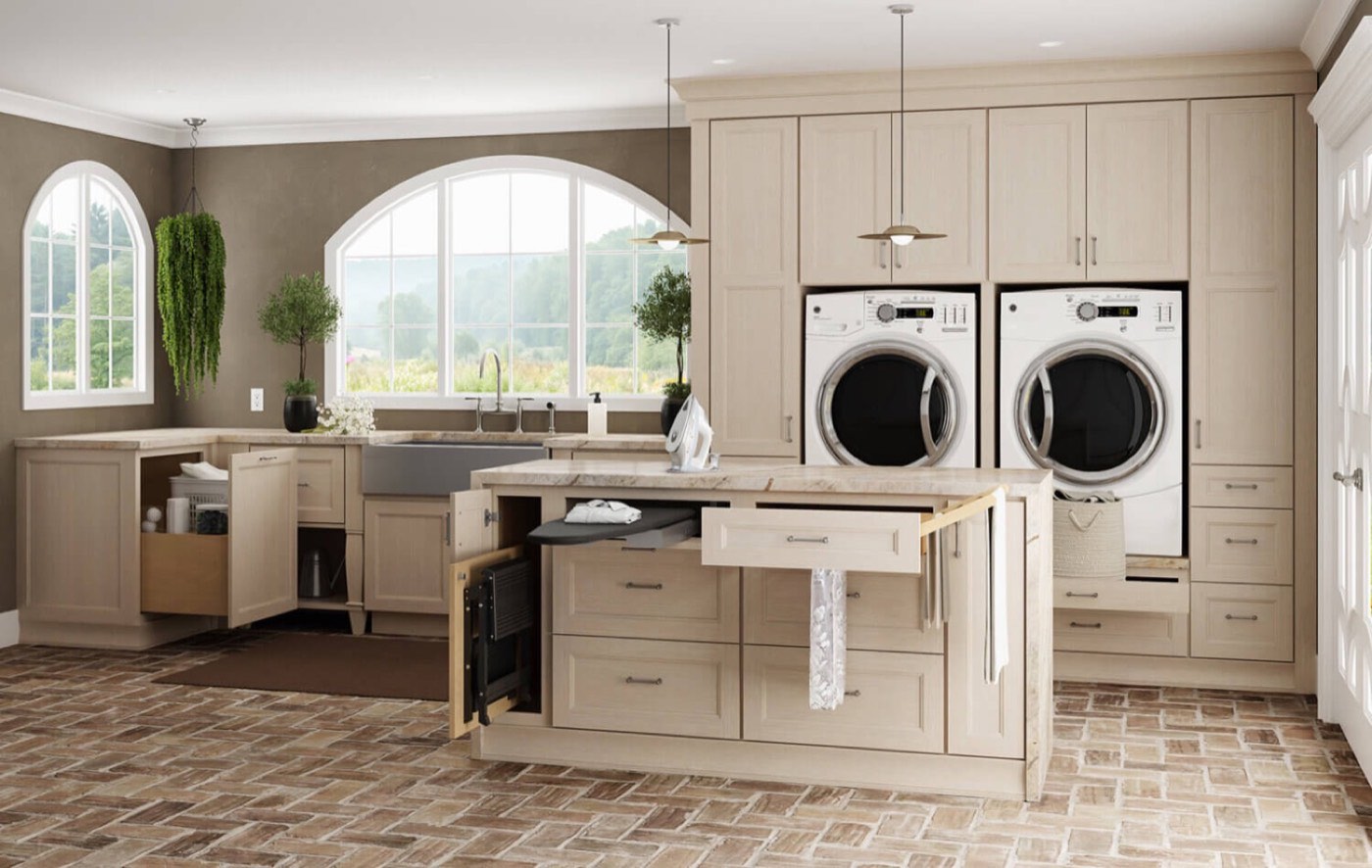 Dura Supreme Cabinetry New laundry room storage collection, available at Shoreline Cabinet Company in Wilmington, NC
