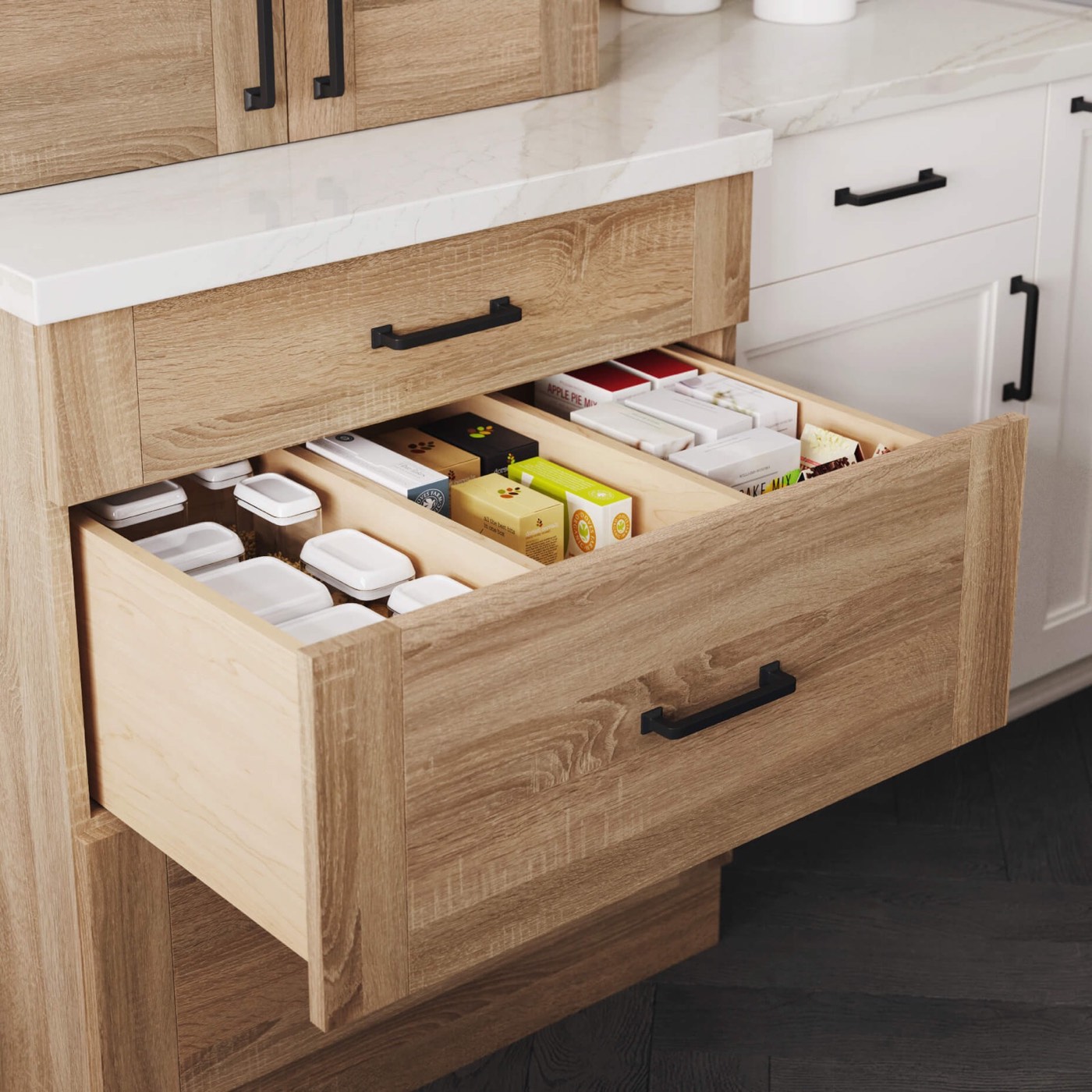 Dura Supreme Cabinetry Deep drawer with stationary partitions, available at Shoreline Cabinet Company in Wilmington, NC