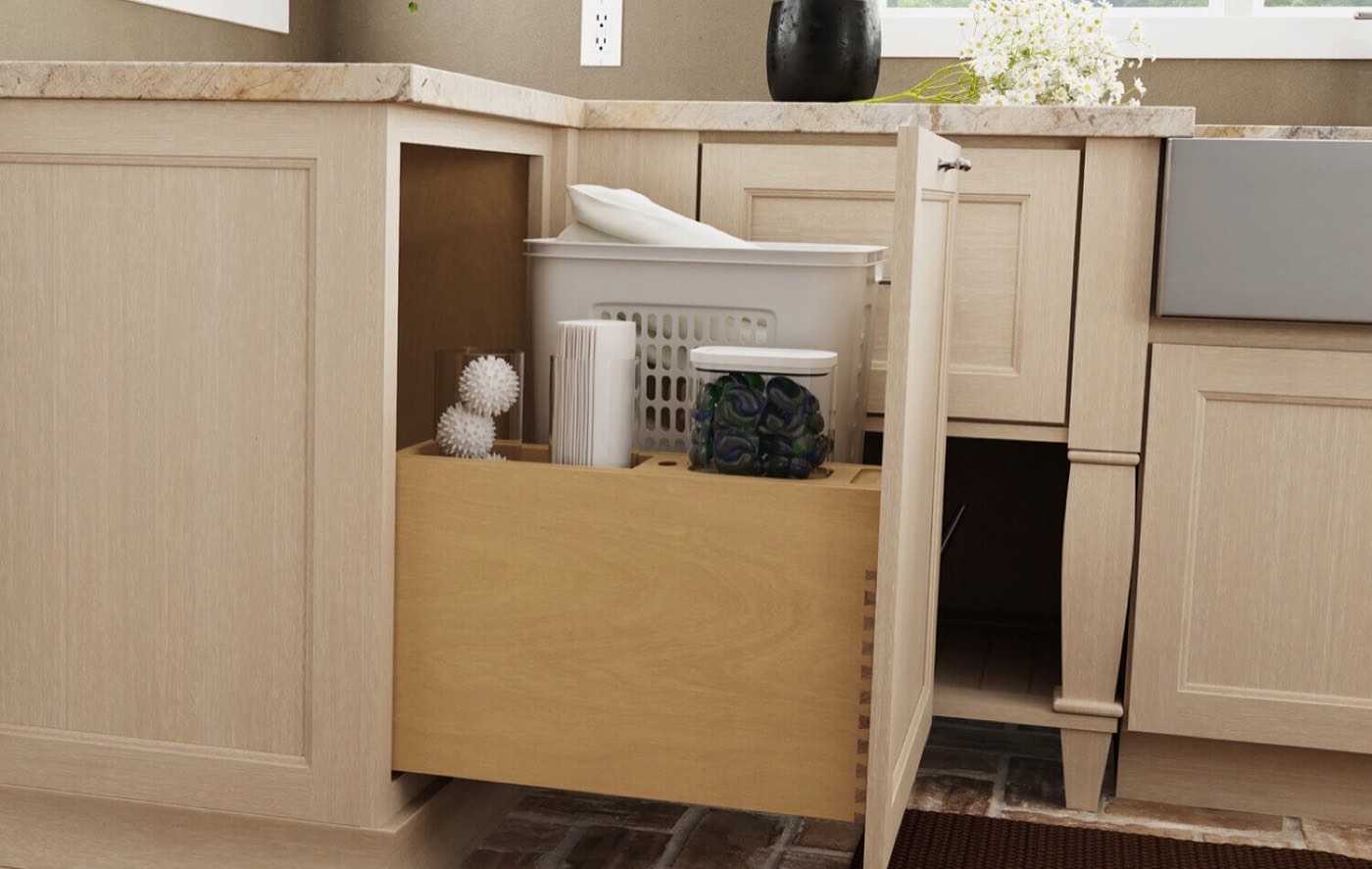 Dura Supreme Cabinetry Hamper pull-out, available at Shoreline Cabinet Company in Wilmington, NC