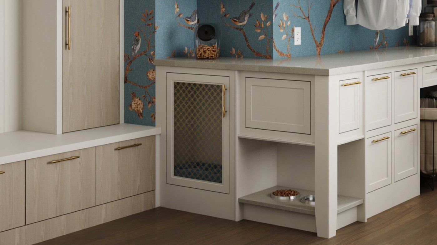 Dura Supreme Cabinetry Pet station storage, available at Shoreline Cabinet Company in Wilmington, NC