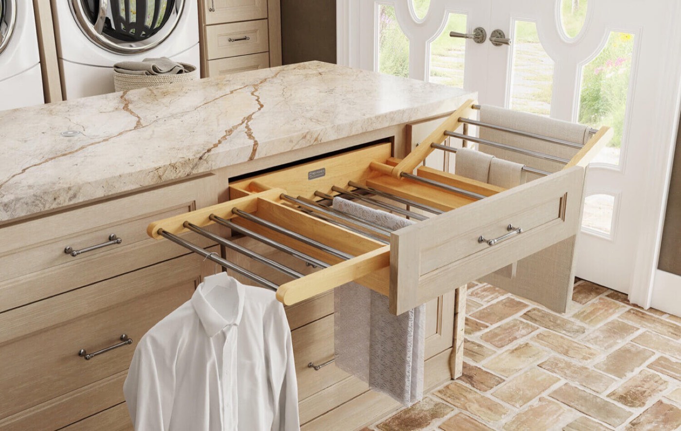 Dura Supreme Cabinetry Pull-out drying rack, available at Shoreline Cabinet Company in Wilmington, NC
