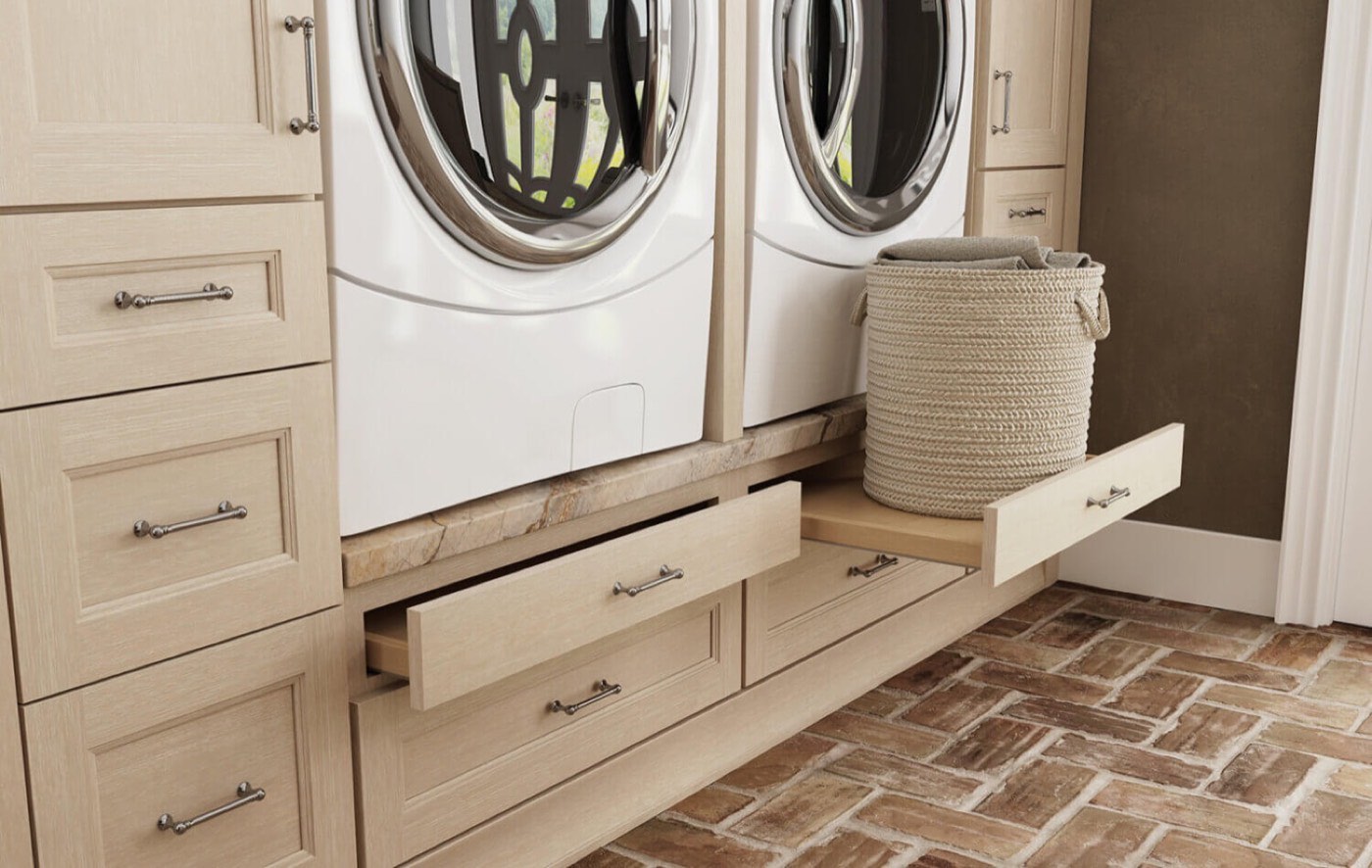 Dura Supreme Cabinetry Washer and dryer pedestal drawers, available at Shoreline Cabinet Company in Wilmington, NC