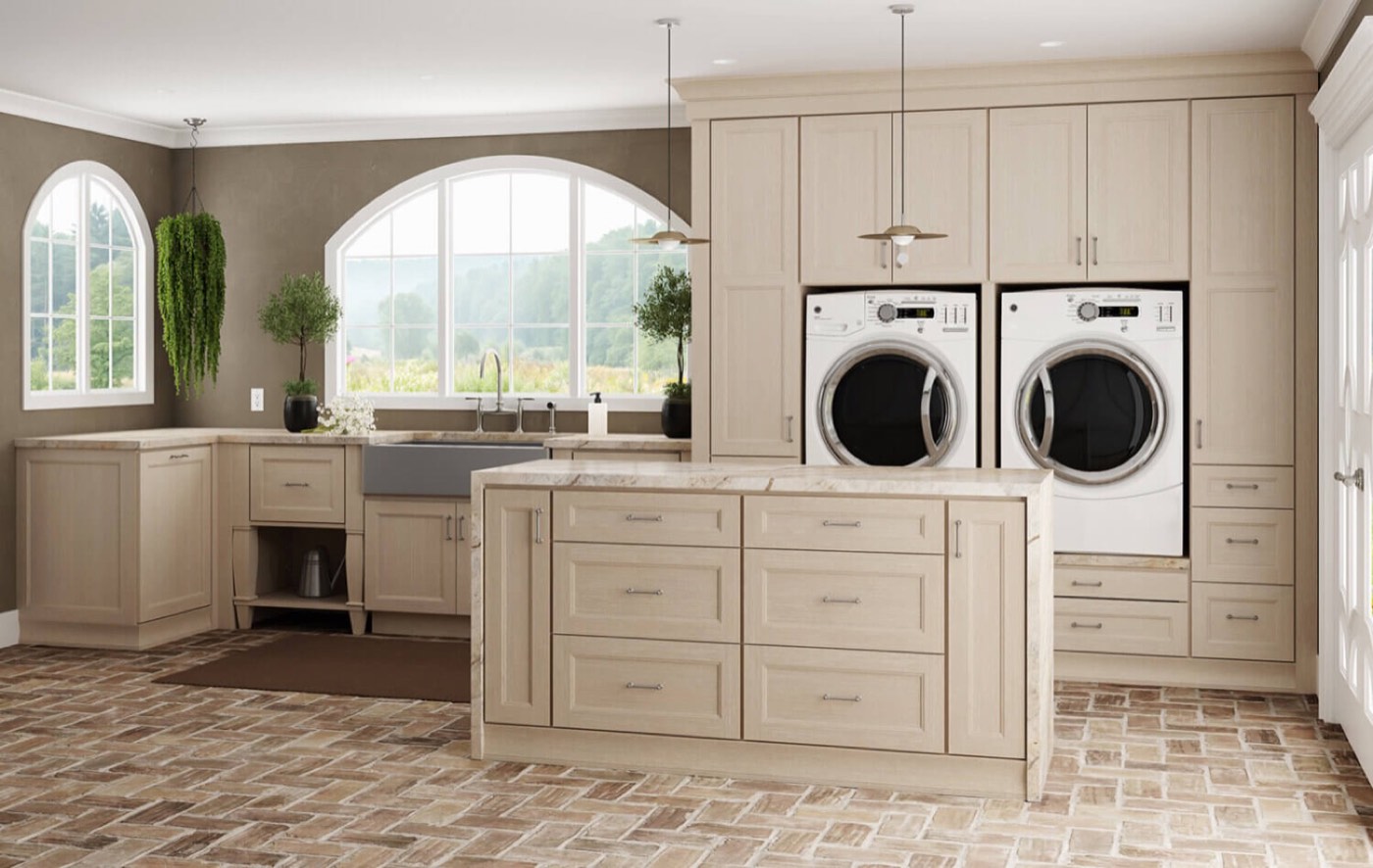 Dura Supreme Cabinetry Laundry room with storage solutions, available at Shoreline Cabinet Company in Wilmington, NC