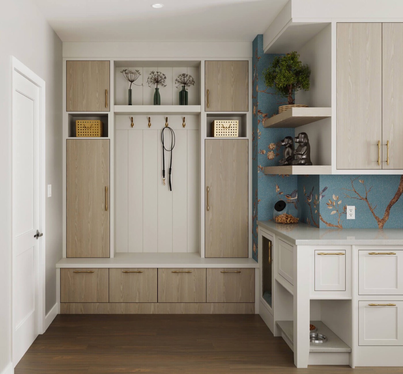 Dura Supreme Cabinetry Mudroom lockers and bench, available at Shoreline Cabinet Company in Wilmington, NC