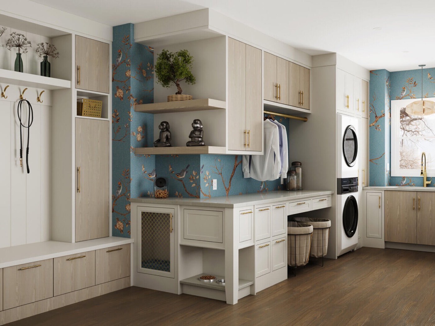 Dura Supreme Cabinetry Mudroom with a built-in dog station, available at Shoreline Cabinet Company in Wilmington, NC