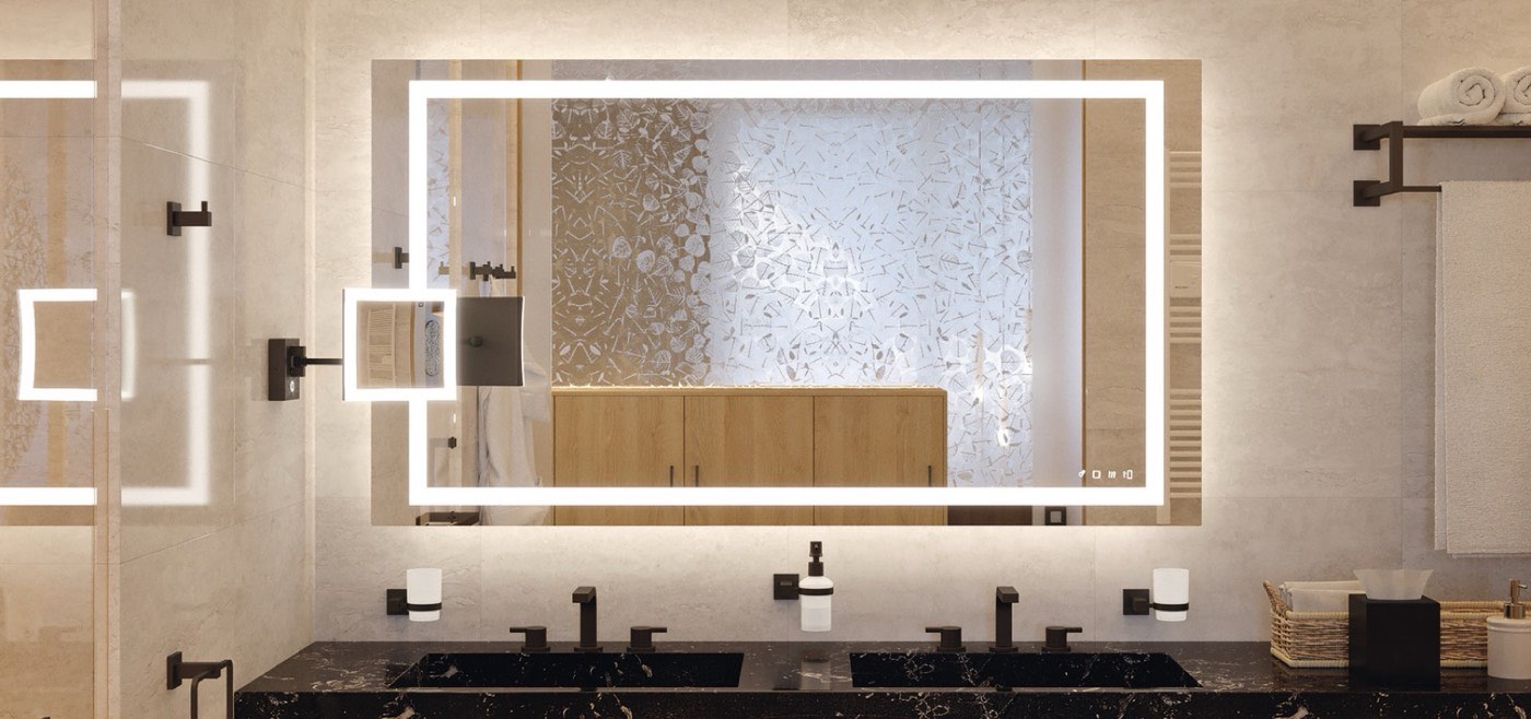 Hafele Häfele lighted mirror in a bathroom, available at Shoreline Cabinet Company in Wilmington, NC