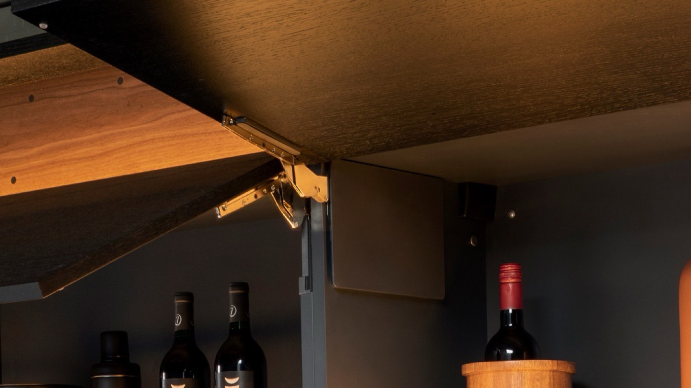 Hafele Lift systems - Häfele Free Slim lift-up fitting, available at Shoreline Cabinet Company in Wilmington, NC