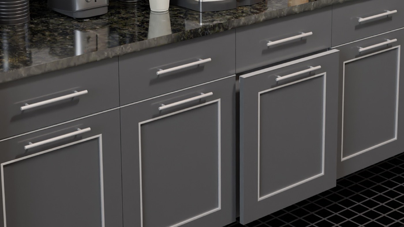 Hafele Dark kitchen cabinetry with metallic cabinet accents, available at Shoreline Cabinet Company in Wilmington, NC