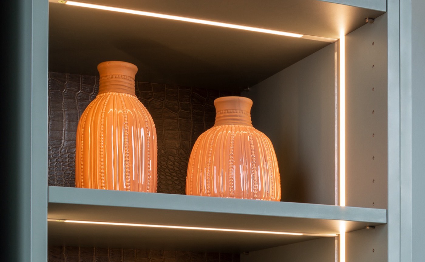 Hafele Lit open shelving with Häfele Adjustable Shelf Lighting, available at Shoreline Cabinet Company in Wilmington, NC