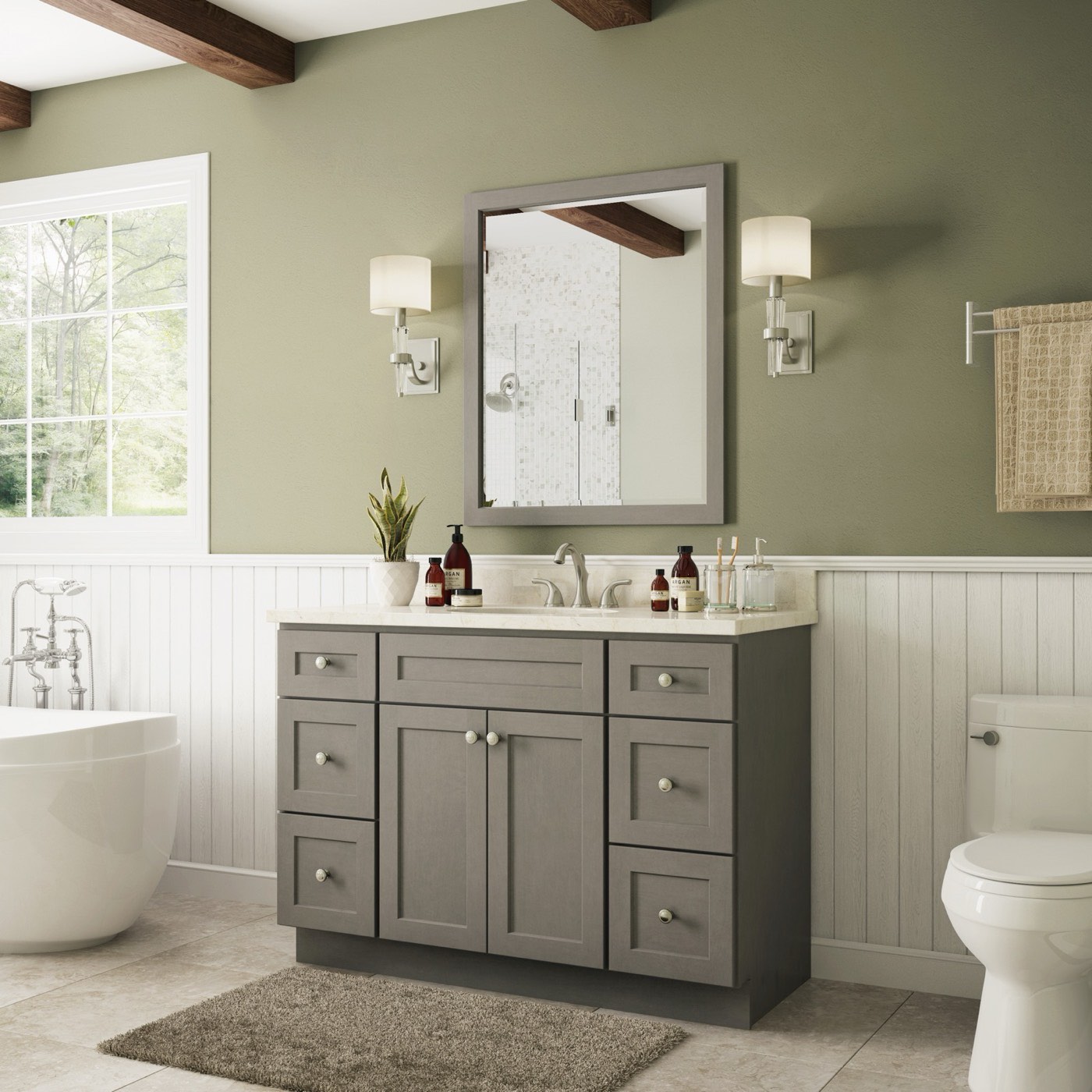 JSI Cabinetry Amesbury Mist Recessed vanity, available at Shoreline Cabinet Company in Wilmington, NC