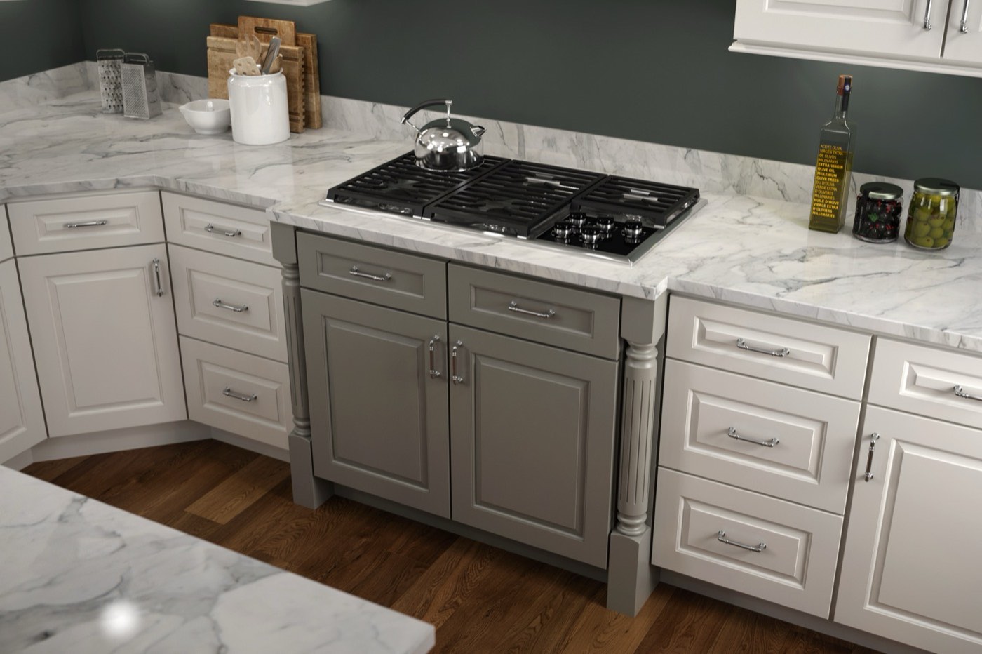 JSI Cabinetry Cooktop wall in Greige accent color, available at Shoreline Cabinet Company in Wilmington, NC