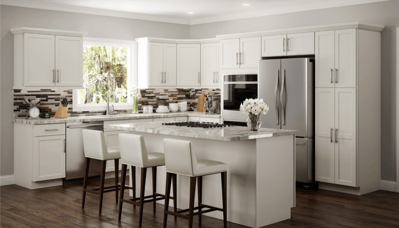 JSI Cabinetry Amesbury Ivory kitchen, available at Shoreline Cabinet Company in Wilmington, NC