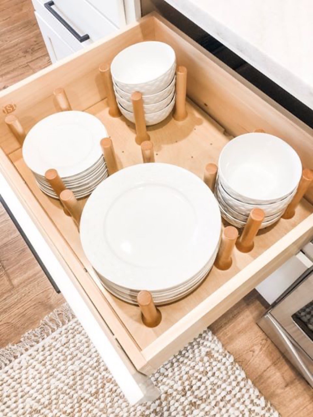 JSI Cabinetry Drawer base with peg dish organizer, available at Shoreline Cabinet Company in Wilmington, NC