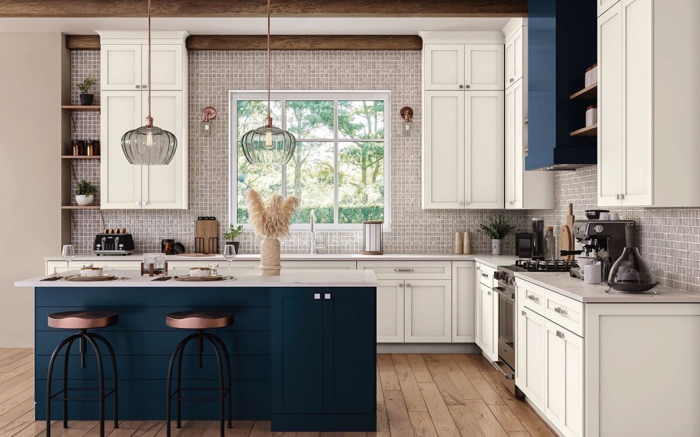 Mantra Cabinets Omni in Admiral and Snow, two-tone, available at Shoreline Cabinet Company in Wilmington, NC
