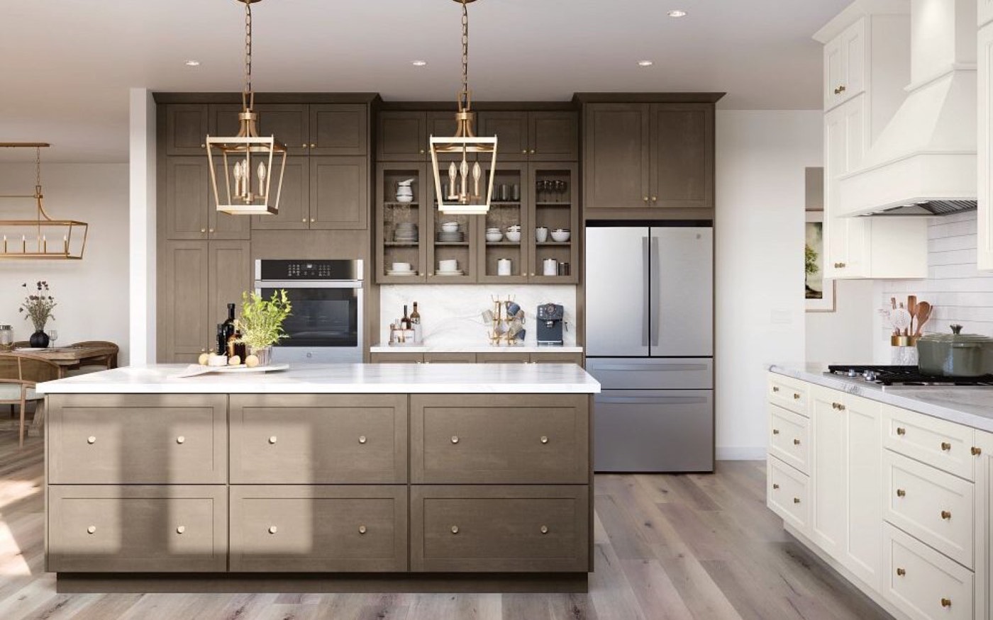 Mantra Cabinets Beachwood island with Snow perimeter, available at Shoreline Cabinet Company in Wilmington, NC