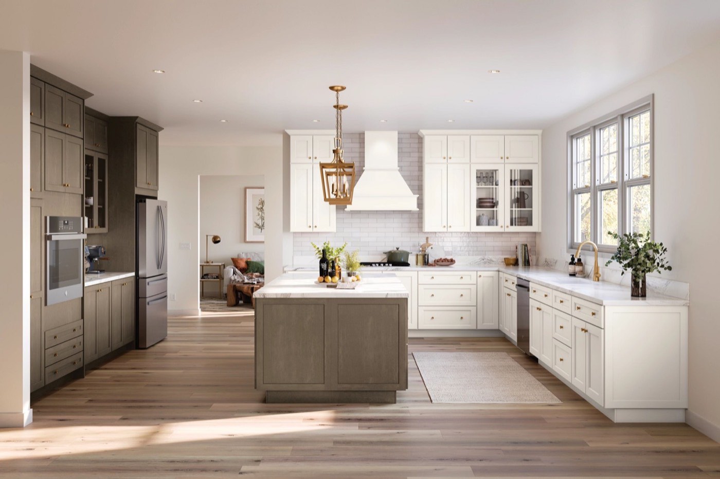 Mantra Cabinets Beachwood shaker kitchen and island with Snow perimeter, available at Shoreline Cabinet Company in Wilmington, NC