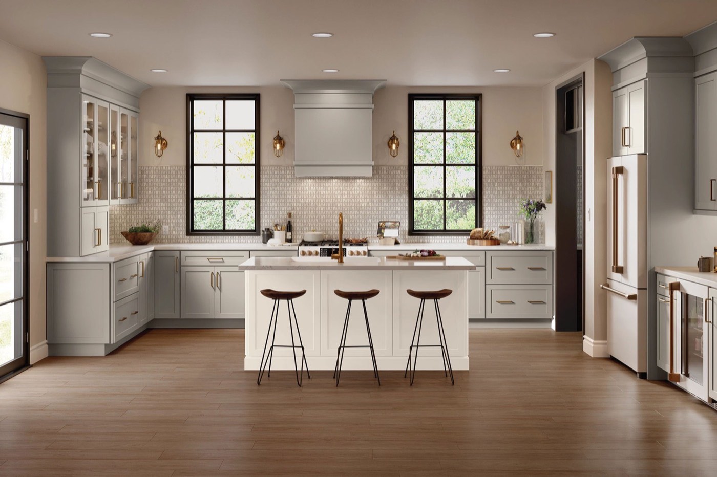 Mantra Cabinets Kitchen with butler pantry and bar, Omni in Mineral and Snow, available at Shoreline Cabinet Company in Wilmington, NC